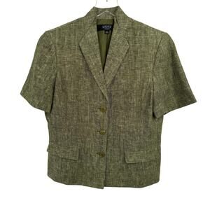 Kasper blazer womens 12 100% linen button front short sleeve career office olive